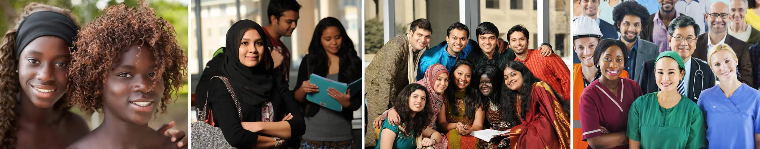 multiple images of groups of people with diverse backgrounds